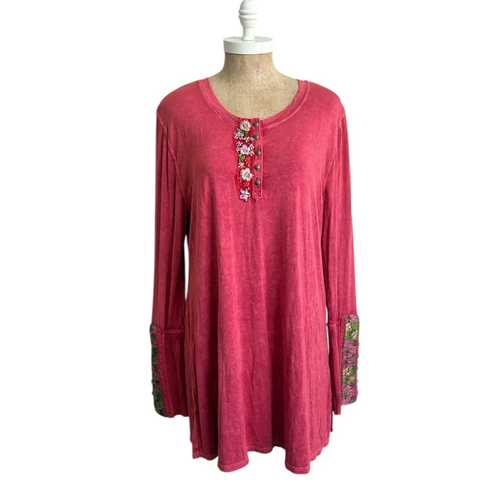 Aratta Silent Journey Boho Embroidered Henley Tunic